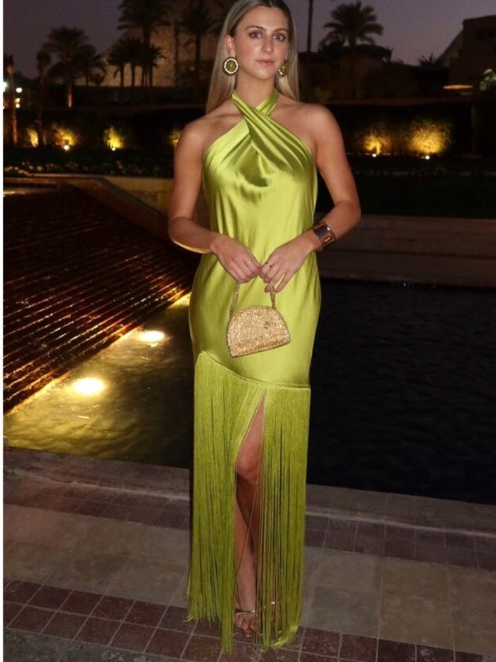 Show Me Your Mumu Jasmine Fringe Maxi in Chartreuse Luxe Satin L NWT
